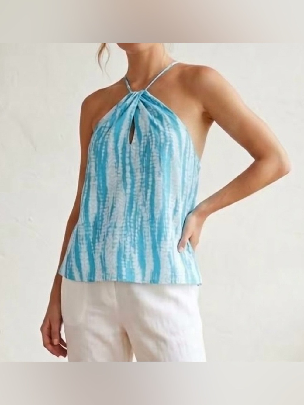 Tyche Aqua Blue Tie-Dye Halter Top Keyhole Neckline Medium Resort Wear Size M